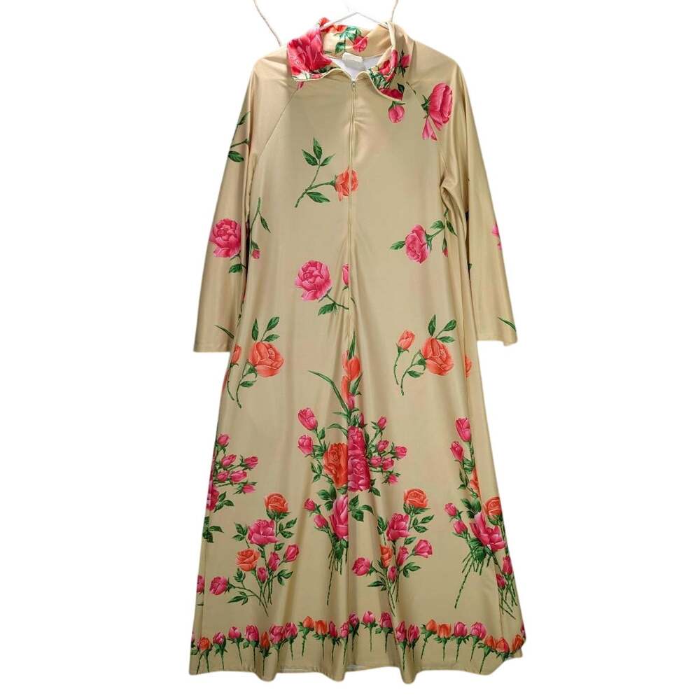 Vtg House Dress Medium Beige Floral Long Sleeve MuuMuu Zipper Pockets USA 70s